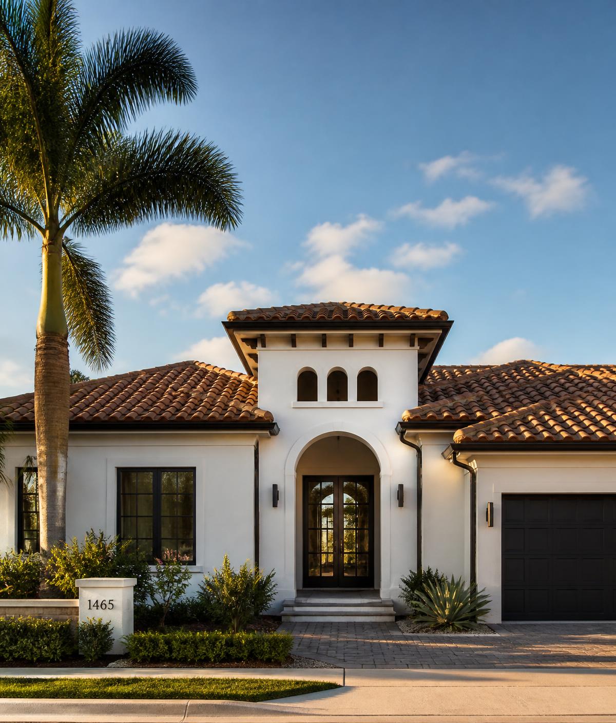 Upscale South Florida home with a clay tile roof at golden hour